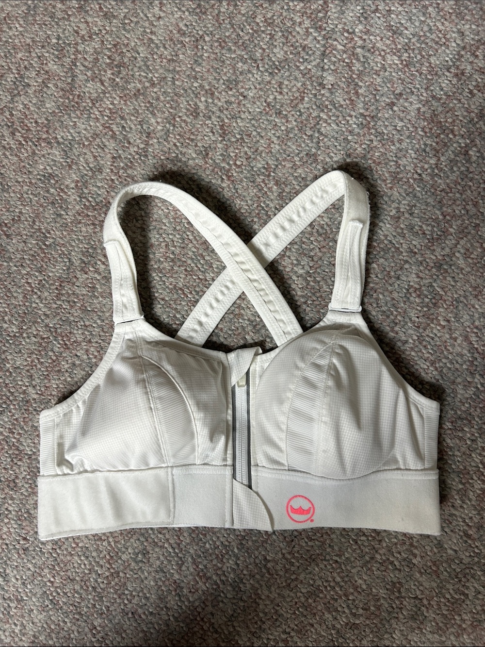 SHEFIT Ultimate White Sports Bra with Pink Logo Accent- Small